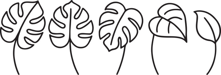 Minimalist Line Art of Tropical Leaves Set Vector Illustration