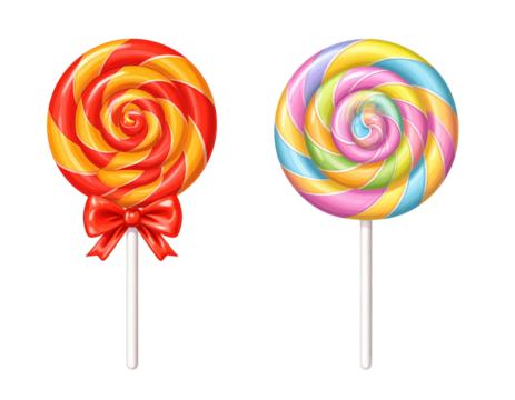 Two variations of rainbow swirl lollipops tied with pink ribbons isolated on transparent background - Powered by Adobe