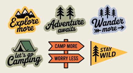 Fototapeta premium Outdoor adventure badge set with camping quotes and forest illustrations perfect for hiking t-shirt stickers travel gear and nature-themed merchandise
