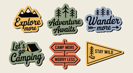Fototapeta premium Outdoor adventure badge set with camping quotes and forest illustrations perfect for hiking t-shirt stickers travel gear and nature-themed merchandise