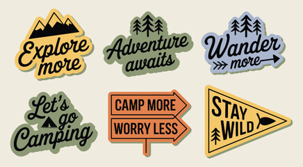 Camping and forest adventure badge vector collection featuring inspirational quotes ideal for outdoor t-shirt design stickers travel gear and hiking products