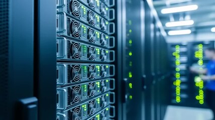 Data center with server racks illuminated by green lights, technician monitoring systems in background - Powered by Adobe