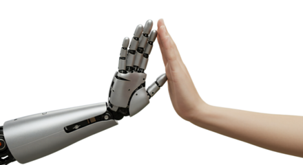 Photorealistic unified high five between human and AI robotic hands, achieving harmony. Isolated on transparent background, png