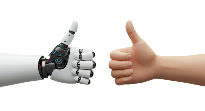 3D illustration from wrists upward: robot and human hands aligned, thumbs raised, strong details. Isolated on transparent background, png