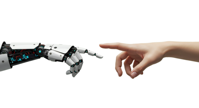 AI hand with digital handshake display moving to high five human hand, flawless photorealism, tactile-digital fusion. Isolated on transparent background, png