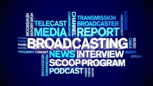 Broadcasting animated word cloud-text design animation tag kinetic typography seamless loop.