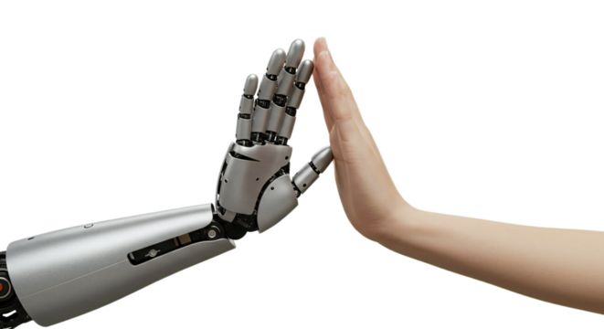 Photorealistic unified high five between human and AI robotic hands, achieving harmony. Isolated on transparent background, png - Powered by Adobe