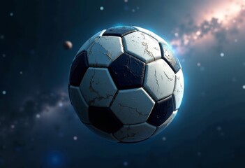 Naklejka premium Football in galaxy background with cosmic atmosphere. Symbol of universal love for sport, creativity, and surreal fantasy. World cup championship of 2026. Soccer ball spinning.