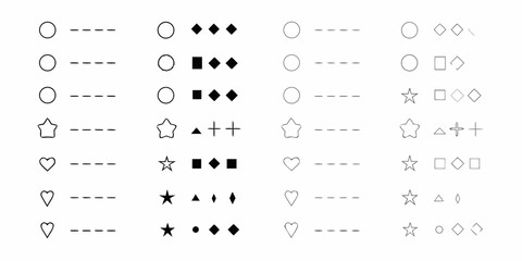 Collection of simple geometric shapes and symbols including circles stars and hearts with dashed lines