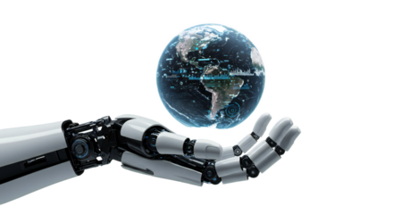 Photorealistic image, robot hand back supporting digitally animated globe with layered overlays, detailed tech texture, isolated on transparent background, png