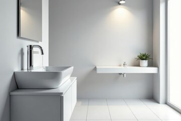 Fototapeta premium Modern minimalist bathroom design featuring a sleek white sink and chrome faucet, complemented by a wall-mounted basin and a small potted plant, creating a serene and clean atmosphere.