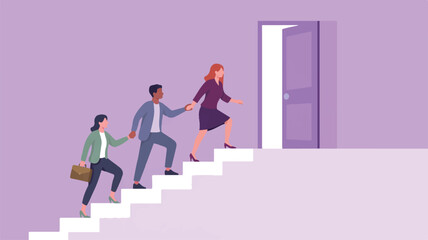 Vector art of people climbing stairs to open door, symbolizing career growth and success
