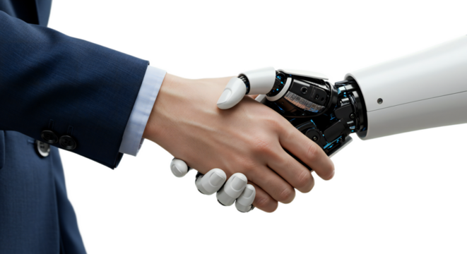 Close-up of handshake, human thumb overlaps robot wrist, indigo sleeve. Isolated on transparent background, png - Powered by Adobe