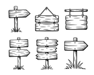 Set of hand-drawn wooden signboards and arrow direction signs, vintage blank wood planks illustration for design, path guide elements