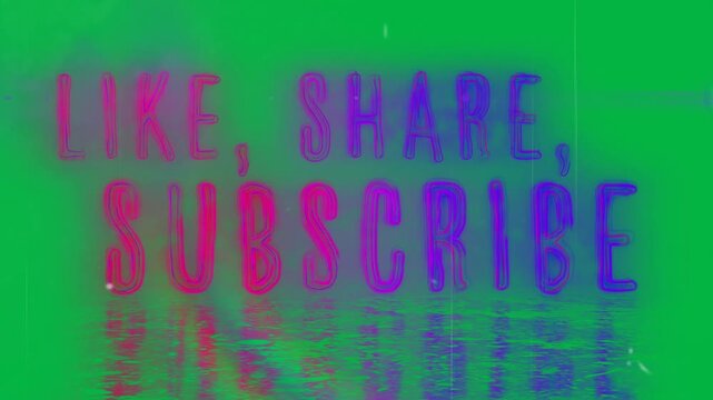 Animation of like, shate, subscribe text in pink and purple neon letters over white background
