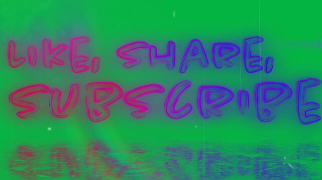 Animation of like, shate, subscribe text in pink and purple neon letters over white background