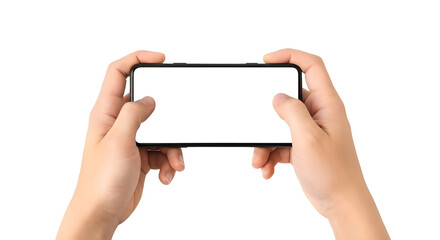 Male hands holding a smartphone horizontally with blank screen for mockup. Isolated on transparent background, png
