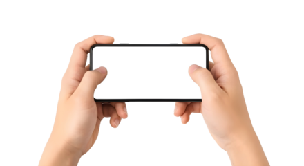 Male hands holding a smartphone horizontally with blank screen for mockup. Isolated on transparent background, png
