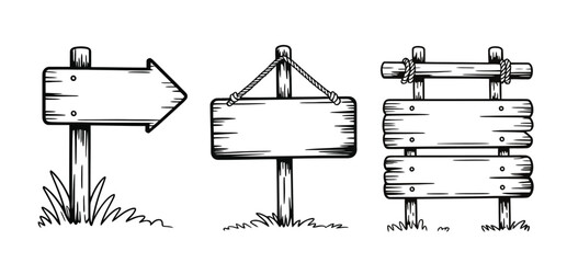 Set of rustic wooden direction signboards and arrow planks, hand-drawn vintage blank signs for travel, adventure, and outdoor design