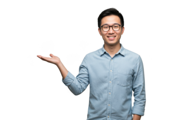 Smiling asian man in glasses presents concept with open hand gesture on transparent background
