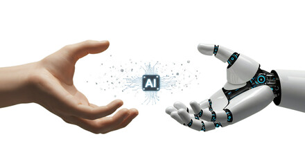 Future-tech network of digital nodes and AI emblem between human and robot hands in white void. Isolated on transparent background, png