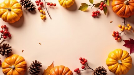 Fototapeta premium Autumnal Harvest Design Featuring Pumpkins, Pinecones, and Berries on a Neutral Background