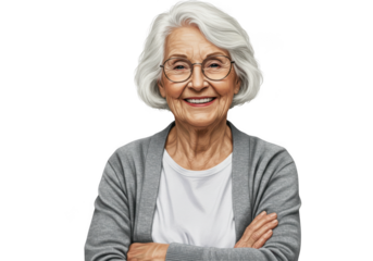 Smiling elderly woman with glasses isolated on transparent background