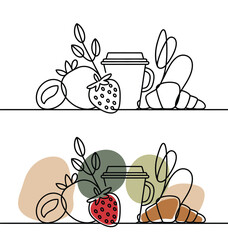 Vector breakfast illustration with coffee cup, strawberry, croissant, and carrot in flat minimal style for healthy morning concept