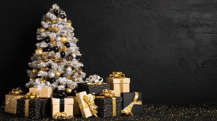 Luxurious Black and Gold Christmas Tree Background: Exuding Elegant Festive Atmosphere, Perfect for Holiday Cards, Festive Decorations, Social Media Posts, and High-End Christmas-Themed Design Project