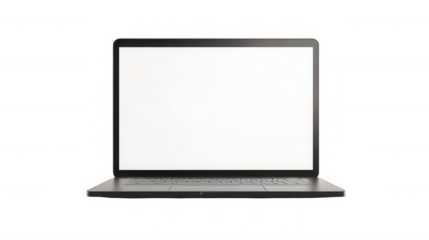 Laptop with a blank white screen on a black background in studio shot on transparent background