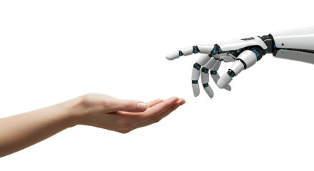 Palm-up female hand hovers AI tech icon, robot hand gestures, all framed symmetrically in white. Isolated on transparent background, png