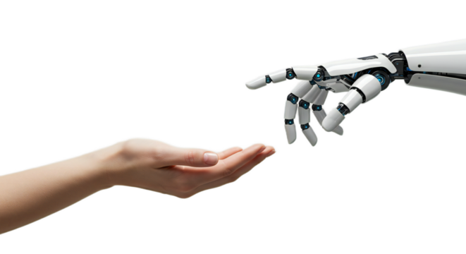 Palm-up female hand hovers AI tech icon, robot hand gestures, all framed symmetrically in white. Isolated on transparent background, png - Powered by Adobe