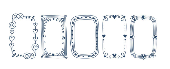 Collection of hand-drawn decorative frames with hearts and swirls, perfect for romantic, wedding, or scrapbook graphic designs.
