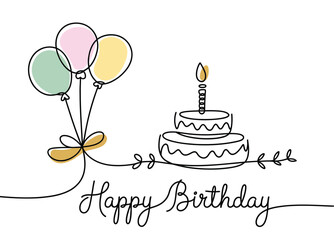 Minimalist birthday cake and balloons continuous line art with candle and Happy Birthday typography on white background vector illustration.