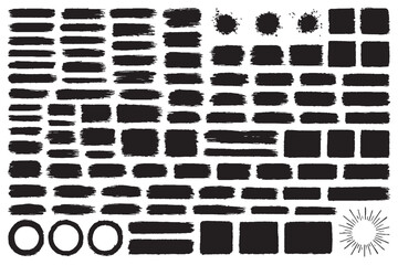 Black Brush Stroke and Ink Shape Collection | Grunge Texture, Paint Splatter, and Abstract Design Elements Set, Grunge Speech Bubble Frames Set | Hand Drawn Text Boxes and Brush Rectangle Labels.