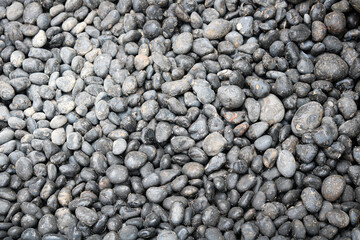 A natural collection of dark and light, smooth pebbles, perfect for landscaping, garden features, aquarium decor, and unique textured backgrounds or wallpapers.