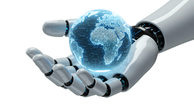 Macro-focused depiction of futuristic male robot hand supporting a radiant digital globe with cyber overlays, electric blue and silver tones, isolated on transparent background, png