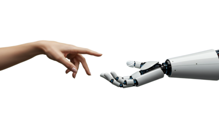 Creative female hand reaching for robot hand holding glowing symbol, side profile centered in white space. Isolated on transparent background, png