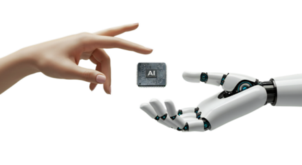 Female and robot hands create mirrored cradle for a floating photorealistic AI chip in white minimalism. Isolated on transparent background, png