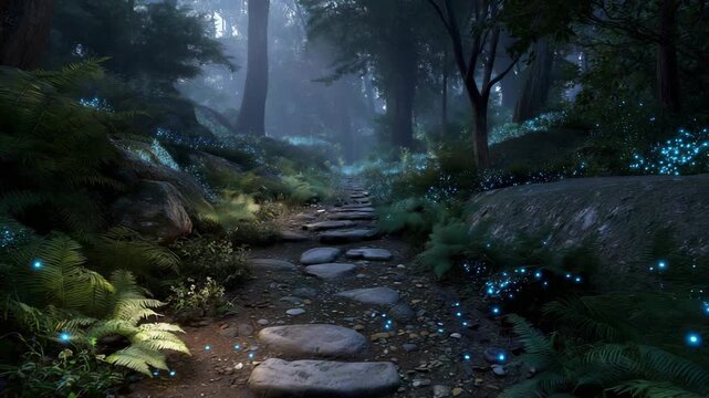 Fantasy-inspired forest path glowing with scattered luminescent stones leading deeper into dense enchanted woods. Fireflies flicker gently reflecting off soft mist near ground. Sky shimmers 