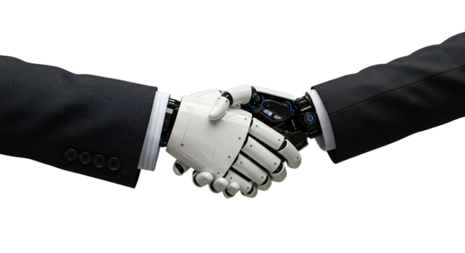 Minimalist handshake, only hands and wrists visible, linear alignment, textured business sleeve, sleek clinical robot hand, creamy white background, isolated on transparent background, png