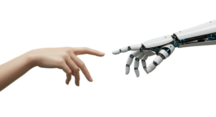 Hands approaching from below center in symmetry, organic and synthetic harmony in white. Isolated on transparent background, png