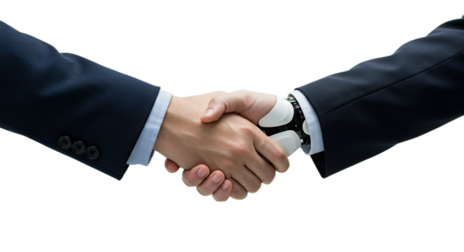 Tightly framed handshake businessperson and futuristic robot, corporate blue sleeve, monochromatic aesthetic, isolated on transparent background, png