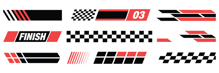 Race car vector set with racing stripes checkered flag dynamic motion lines motocross labels speed decals and sport stickers