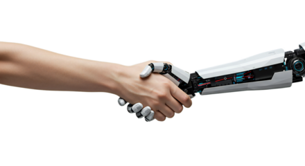 Photorealistic handshake: human and polygonal AI hand emerge from high-tech tablets. Detailed textures, clinical lighting, electric blue and steel accents. Isolated on transparent background, png