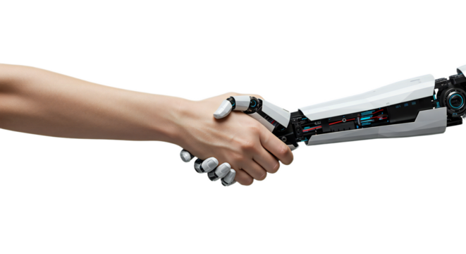 Photorealistic handshake: human and polygonal AI hand emerge from high-tech tablets. Detailed textures, clinical lighting, electric blue and steel accents. Isolated on transparent background, png - Powered by Adobe