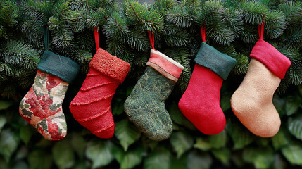 Christmas stockings hanging against a festive backdrop decorated with delicate snowflakes for a cozy holiday feel.