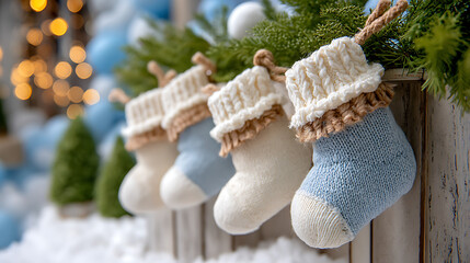 Christmas stockings hanging against a festive backdrop decorated with delicate snowflakes for a cozy holiday feel.