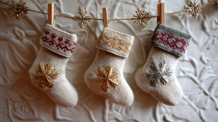 Christmas stockings hanging against a festive backdrop decorated with delicate snowflakes for a cozy holiday feel.