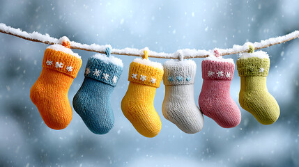 Christmas stockings hanging against a festive backdrop decorated with delicate snowflakes for a cozy holiday feel.